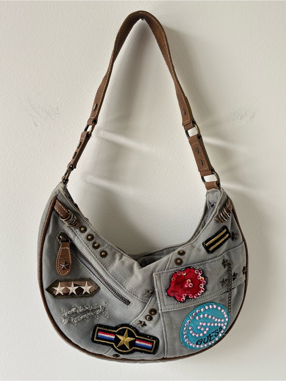 Guess Grey Canvas Shoulder Bag with Brown Leather Straps and Patch Details